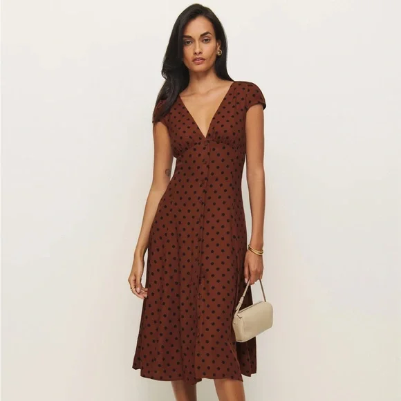 Reformation Brown Polka Dot Midi Dress with Black Spots - Picture 3 of 5